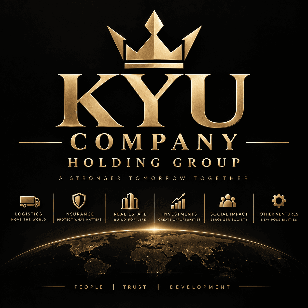 KYU COMPANY gold crown identity above a global map